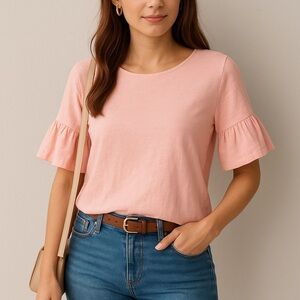 Pink Flounce Sleeve Top Ruffle Short Sleeve Blouse Size Small Casual Chic